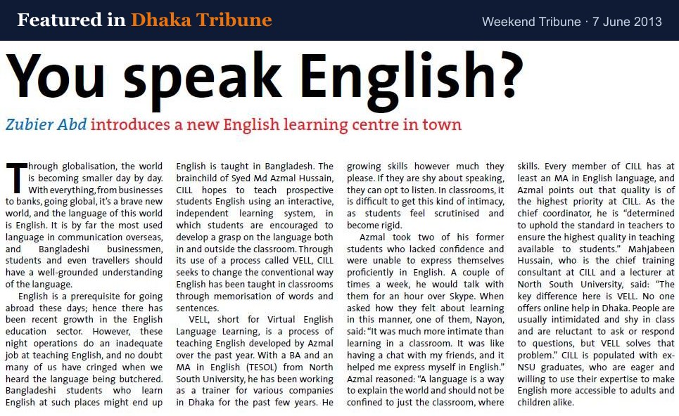 Dhaka Tribune feature 'You speak English?' on CILL and Syed Md Azmal Hussain — Weekend Tribune, 7 June 2013